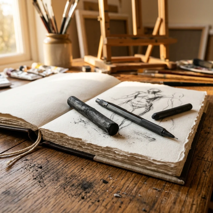 AI Generated Carnet de croquis avec fusain et critérium sur table d'artiste